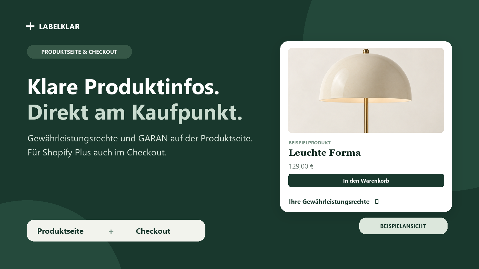 Labelklar with an example product page: legal guarantee information and GARAN on products; the Shopify Plus checkout displays only the legal guarantee notice.