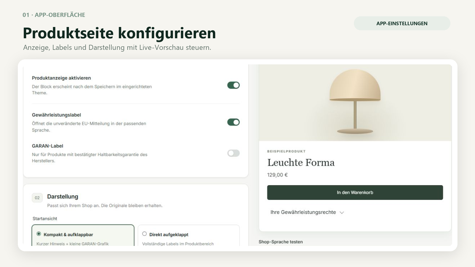 Labelklar settings for product display, legal guarantee notice, GARAN and compact layout, with an example product preview.